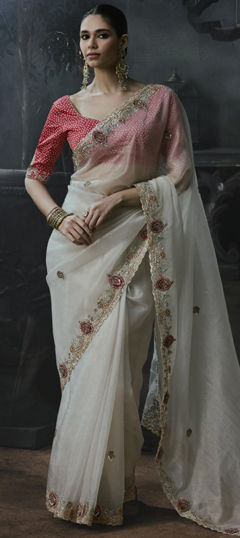 White and Off White color Saree in Tissue fabric with Border, Embroidered, Sequence, Stone, Thread work