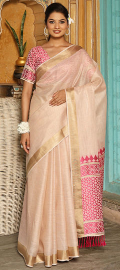 White and Off White color Saree in Linen fabric with Zari work