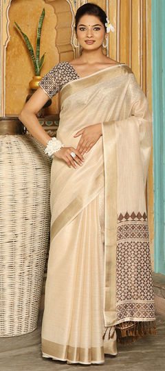 White and Off White color Saree in Linen fabric with Zari work