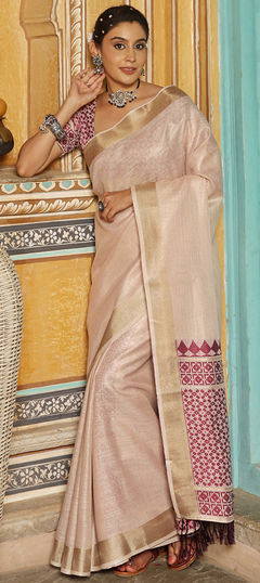 White and Off White color Saree in Linen fabric with Zari work