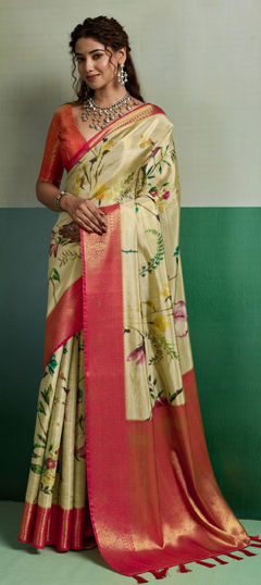 Red and Maroon, Yellow color Saree in Kanjeevaram Silk fabric with Digital Print, Floral work