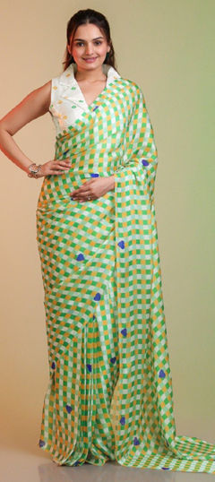 Green color Saree in Silk fabric with Printed work