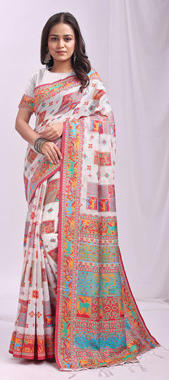 White and Off White color Saree in Blended Cotton fabric with Printed work