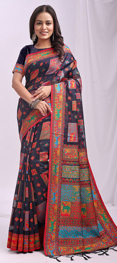Blue color Saree in Blended Cotton fabric with Printed work