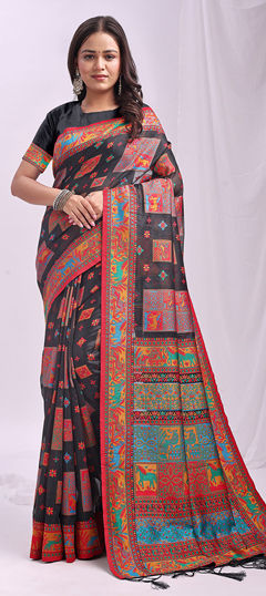 Black and Grey color Saree in Blended Cotton fabric with Printed work