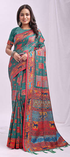 Blue color Saree in Blended Cotton fabric with Printed work