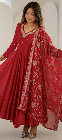 Red and Maroon color Salwar Kameez in Georgette fabric with Mirror work
