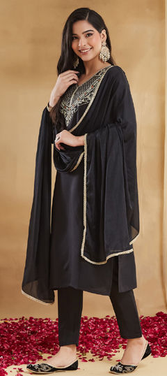 Black and Grey color Salwar Kameez in Rayon fabric with Embroidered, Thread work