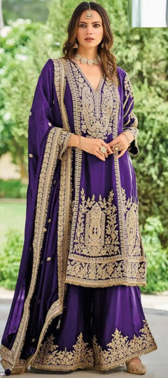 Purple and Violet color Salwar Kameez in Chinon Silk fabric with Embroidered work