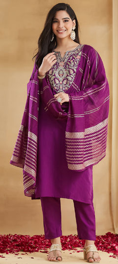 Pink and Majenta color Salwar Kameez in Rayon fabric with Embroidered, Thread work