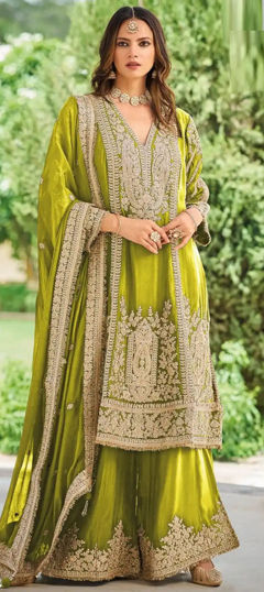 Green color Salwar Kameez in Chinon Silk fabric with Embroidered work