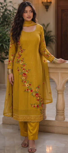 Yellow color Salwar Kameez in Georgette fabric with Embroidered, Sequence work
