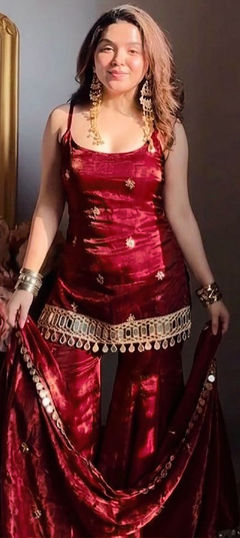 Red and Maroon color Salwar Kameez in Tissue fabric with Mirror work