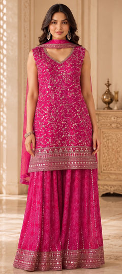 Pink and Majenta color Salwar Kameez in Faux Georgette fabric with Embroidered, Sequence work