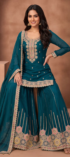 Blue color Salwar Kameez in Chinon Silk fabric with Embroidered, Sequence work