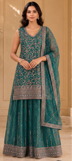 Green color Salwar Kameez in Faux Georgette fabric with Embroidered, Sequence work