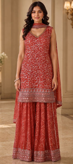 Orange color Salwar Kameez in Faux Georgette fabric with Embroidered, Sequence work