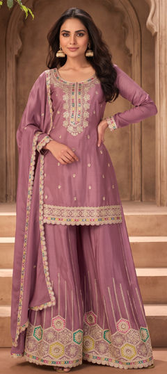 Purple and Violet color Salwar Kameez in Chinon Silk fabric with Embroidered, Sequence work
