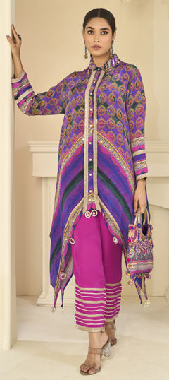 Blue color Salwar Kameez in Crepe Silk fabric with Aari, Gota Patti work