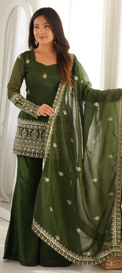 Green color Salwar Kameez in Crushed Silk fabric with Embroidered, Sequence, Zari work