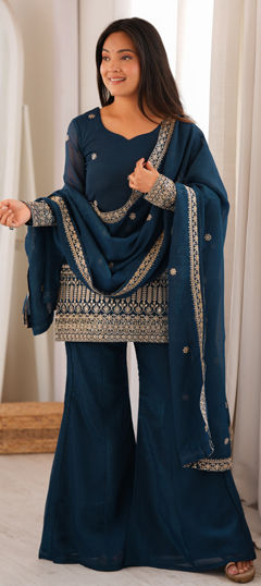 Blue color Salwar Kameez in Crushed Silk fabric with Embroidered, Sequence, Zari work