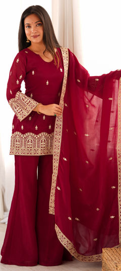 Red and Maroon color Salwar Kameez in Crushed Silk fabric with Embroidered, Sequence, Zari work