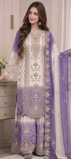 Purple and Violet, White and Off White color Salwar Kameez in Georgette fabric with Embroidered, Thread work