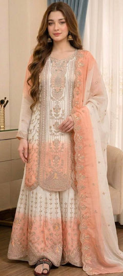 Pink and Majenta, White and Off White color Salwar Kameez in Georgette fabric with Embroidered, Thread work