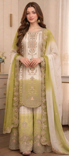 Green, White and Off White color Salwar Kameez in Georgette fabric with Embroidered, Thread work