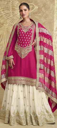 Pink and Majenta color Salwar Kameez in Chinon Silk fabric with Embroidered work