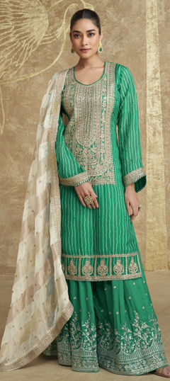 Green color Salwar Kameez in Chinon Silk fabric with Embroidered work