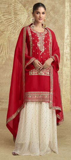 Red and Maroon color Salwar Kameez in Chinon Silk fabric with Embroidered work