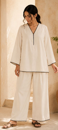 White and Off White color Co-ords Set in Cotton fabric with Thread work