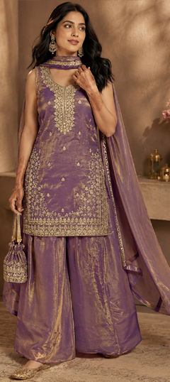 Purple and Violet color Salwar Kameez in Tissue fabric with Embroidered, Thread work