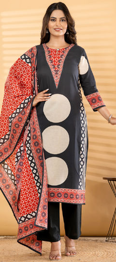 Black and Grey color Salwar Kameez in Cotton fabric with Printed, Sequence work