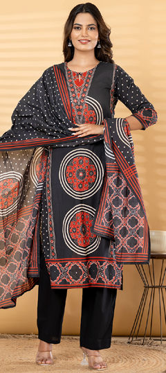 Black and Grey color Salwar Kameez in Cotton fabric with Printed, Sequence work