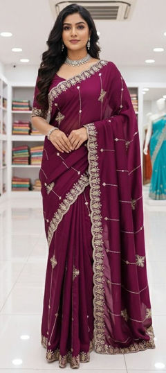 Purple and Violet color Saree in Silk fabric with Embroidered, Sequence work