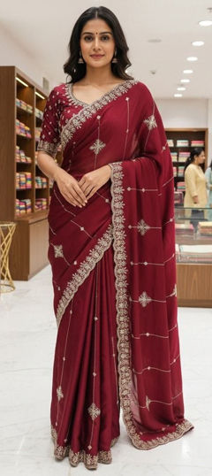 Red and Maroon color Saree in Silk fabric with Embroidered, Sequence work