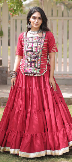 Red and Maroon color Long Lehenga Choli in Cotton fabric with Embroidered, Mirror work