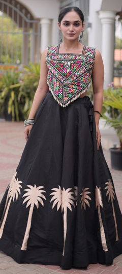 Black and Grey color Long Lehenga Choli in Cotton fabric with Embroidered, Gota Patti work
