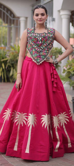 Pink and Majenta color Long Lehenga Choli in Cotton fabric with Embroidered, Gota Patti work