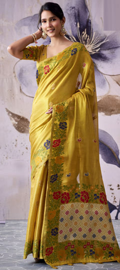 Yellow color Saree in Tissue fabric with Sequence, Weaving work
