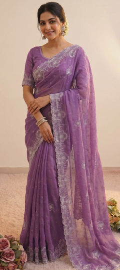 Purple and Violet color Saree in Silk fabric with Embroidered, Sequence work