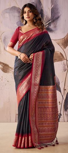 Black and Grey, Red and Maroon color Saree in Tissue fabric with Weaving, Zari work