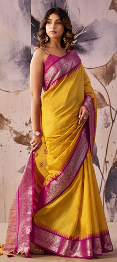 Purple and Violet, Yellow color Saree in Tissue fabric with Weaving, Zari work