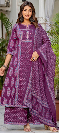 Pink and Majenta color Salwar Kameez in Cotton fabric with Embroidered, Mirror, Resham, Sequence work
