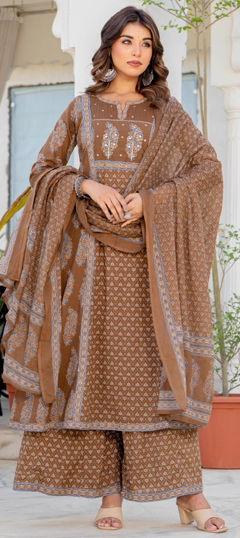 Beige and Brown color Salwar Kameez in Cotton fabric with Embroidered, Mirror, Resham, Sequence work