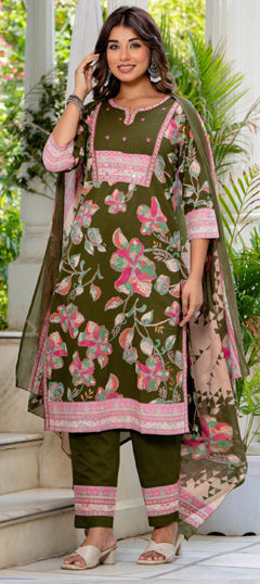 Green color Salwar Kameez in Cotton fabric with Bugle Beads, Floral, Printed, Sequence, Thread, Zari work