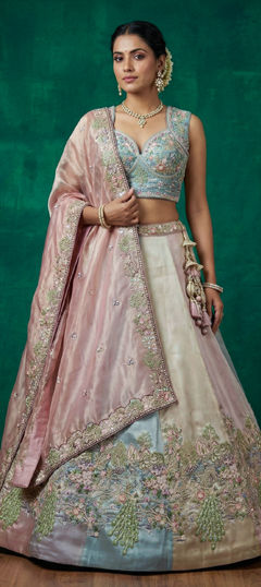 Pink and Majenta color Lehenga in Organza Silk fabric with Bugle Beads, Embroidered, Sequence work