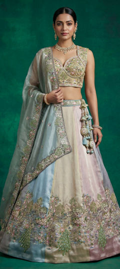Green color Lehenga in Organza Silk fabric with Bugle Beads, Embroidered, Sequence work